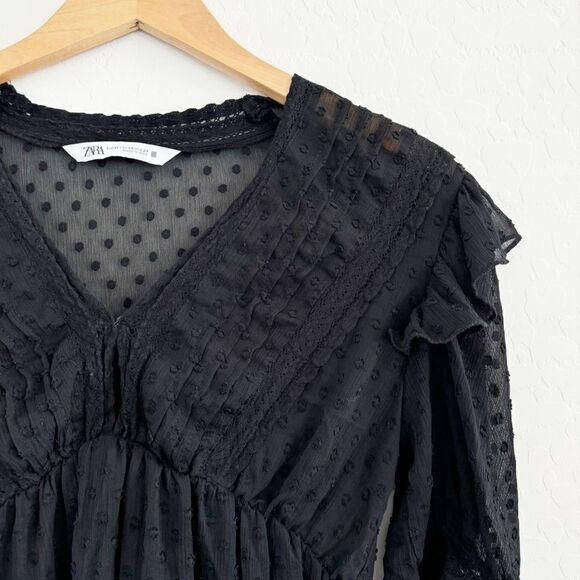 Zara Swiss Dot Ruffled Blouse Black Size XS - Picture 4 of 7